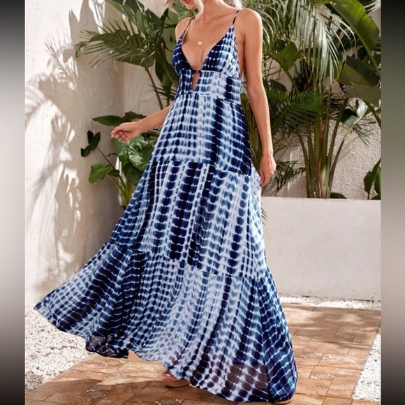 Boho Tie Dye Ombré Deep V Neck Cut Out Backless Maxi Dress - Picture 3 of 5
